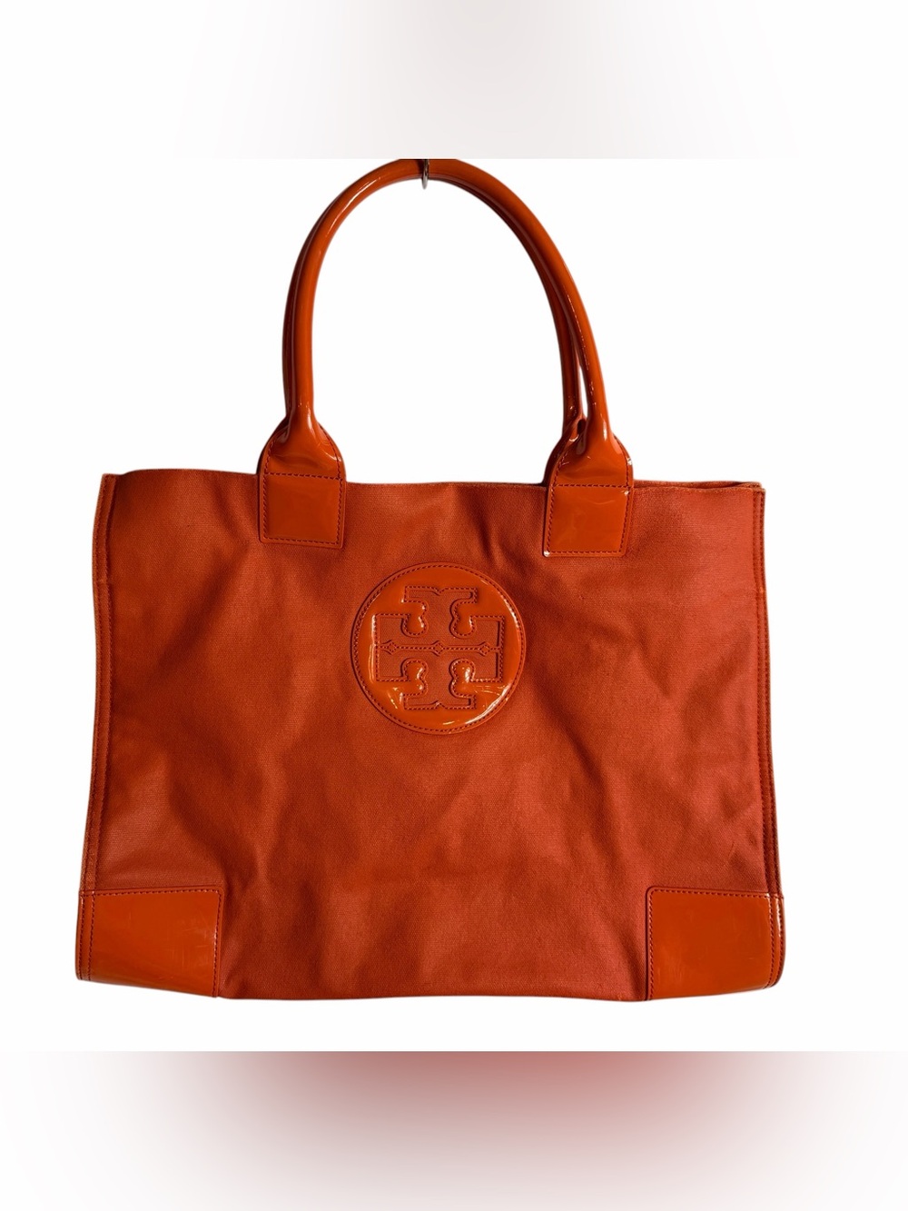 Tory Burch Orange Canvas Tote Patent Trim Embossed Logo Bag with TB Dust 
Cover